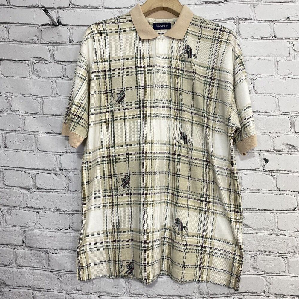 Vintage 90s Men's GANT Golf Club AOP‎ Check Polo Shirt Size L Tan Preppy Casual